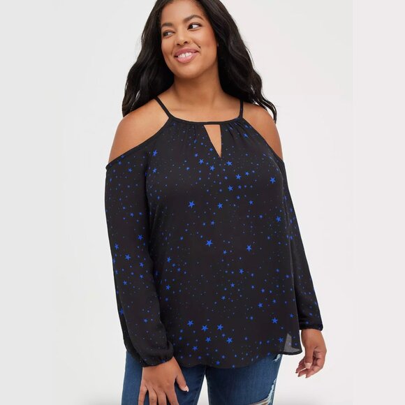 Torrid - Black & Bue Stars - Georgette Cold Shoulder Blouse - Picture 1 of 8